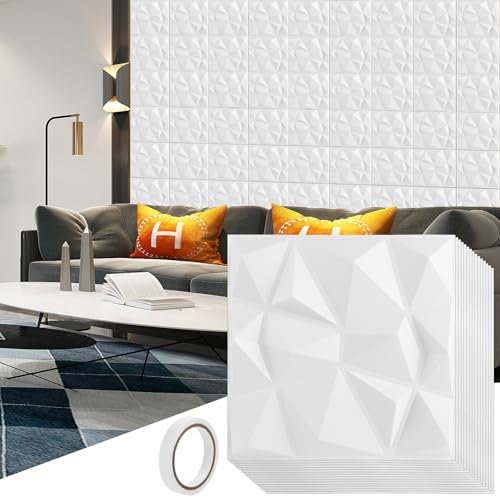 GBACHOOSE 30 Stück 3D Wandpaneele Selbstklebend 30 x 30cm Wandverkleidung PVC Steintapete Wasserdicht Kunststoffpaneele für Wohnzimmer, Schlafzimmer, Küche, Wanddekoration, Weiß
