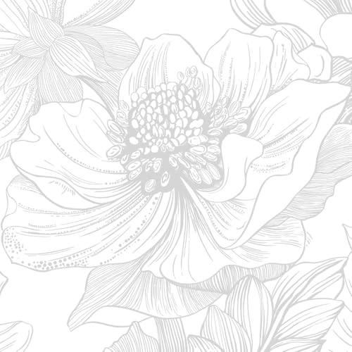 CiCiwind Peel and Stick Wallpaper 17.32''×236.22'' White Grey Floral Wall Paper Waterproof Self Adhesive Vinyl Thicken Sticky Back Plastic Remoble Stick on Wallpaper for Wall Furniture Vinyl Wrap