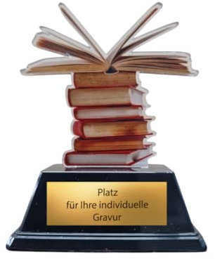 EBERiX · Bücher Pokal · Wunschgravur inklusive · Trophäe mit Bücherstapel aus Acryl auf schwarzem Sockel · 10 cm leicht & stabil · personalisierbar