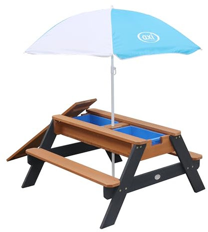 AXI Nick Table de pique-nique en bois pour enfant - Table de jeu d'eau et de sable avec couvercle et récipients - Table pour enfant - Gris et marron - Avec parasol pour le jardin