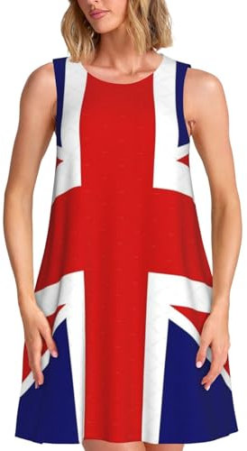 Robe d'été décontractée sans manches avec poches et longueur genou Motif drapeau anglais, noir, XX-Large