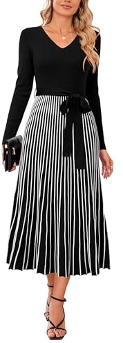 Arach&Cloz Knitted Dress Women Fall Winter Dress Long Striped V-Neck Long Sleeve Sweater Dress(Black-White, L)
