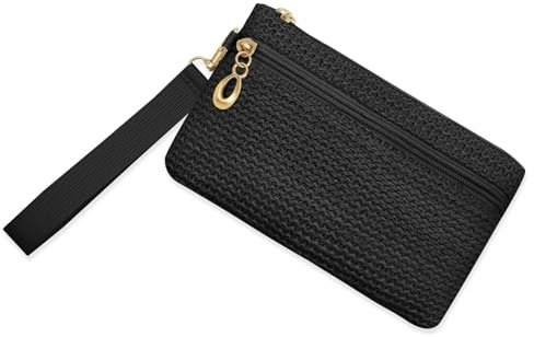 LJCZKA Small Straw Clutch Bag for Women Straw Purse Zipper Wristlet Wallets Bohemian Summer Beach Handbag Cellphone Bag with Wrist Strap (Black)