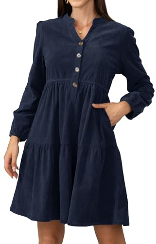 Jayscreate Women's 2025 Long Sleeve Corduroy Dress Above Knee A-Line V Neck Fall Winter Short Work Dress