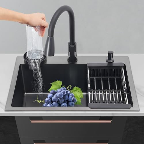 Apriltop Edelstahlspüle mit Tassenwaschmaschine, Wasserhahn, Seifenspender und Abtropfkorb, Spülbecken Küche Schwarz, für Großküchen, Privathaushalte, Bauernhöfe, Hinterhöfe