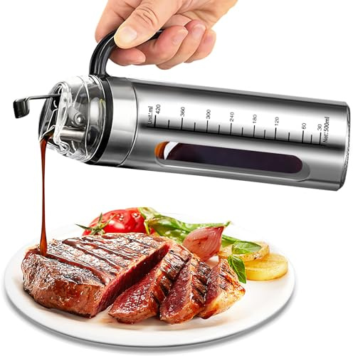 Edelstahl Thermo Sauciere 500ML, Soßenkanne mit Auto Flip Deckel,Ölspender Edelstahl Mit Skala,Soßenschüssel,Silberner Saucenkrug,Thermosoße Topf,Saucenbecher für Olivenöl Vanillesoße Sahne Soße
