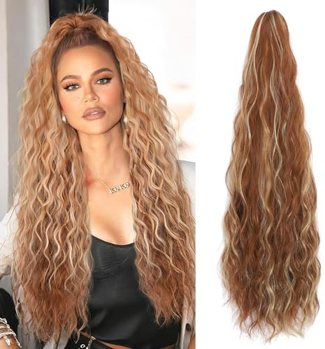 Ponytail Extension, 24 Inch Curly Wavy Claw Clip in Ponytail Hair Extensions Natural Looking Synthetic Hairpieces Fluffy Clip On Pony Tail for Women(Light Brown with Blonde)
