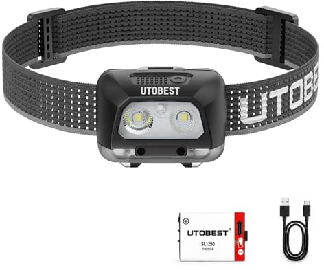 UTOBEST Linterna frontal LED, recargable, 5 modos IPX8, impermeable, para camping, senderismo, pesca, correr, color negro