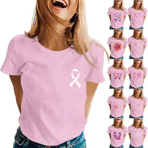 Tee Shirt Octobre Rose Femme Imprimé Ruban Rose Cancer du Sein Tshirt T-Shirts À Manches Courtes Col Rond T Shirt Hauts Chic Et Élégant Été Teeshirt Top Grande Taille 2025