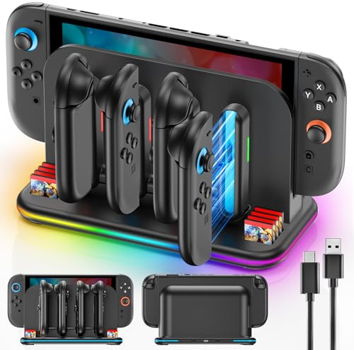 ZRZLMVP Switch Controller Ladestation für Switch 2 Joy Con Controller | 13-in-1 Magnetische Joycon Halterung mit 6 RGB Licht, 3 Std Schnellladestation für Switch 2 Controller und Zubehör,Schwarz