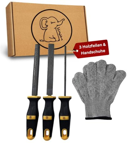 Eli® 3 Holzfeilen Set für Kinder inkl. Schutzhandschuhe - echte Holzraspel | Werkzeuge für Holz - Rund - Halbrund und Flachfeile für Holzbearbeitung - Kinderwerkzeug - Geschenk für Junge - Mädchen