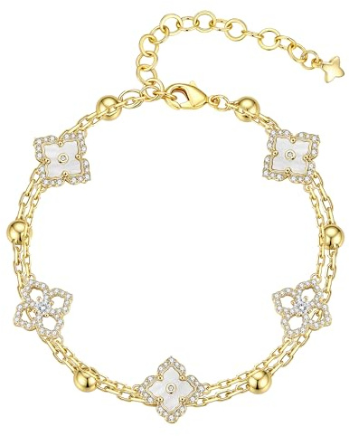TINGN Gold Kleeblatt Armband Damen 14K Vergoldete Vierblättriges Kleeblatt Armband Verstellbar Weiß Link Van Cleef Armbänder Armreif Glücksarmband Schmuck Geschenk für Damen