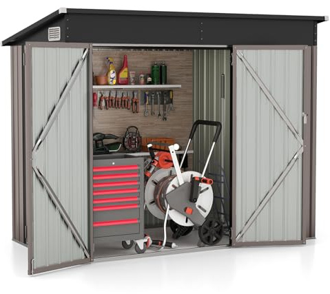 GOPLUS 2,6m² Abri de Jardin en Métal Galvanisée avec Porte Latérale, Résistant aux Intempéries, Cabane de Jardin à Outils avec Toit en Pente, Hangar de Stockage Extérieur, 4,82m³, 235x117x185cm