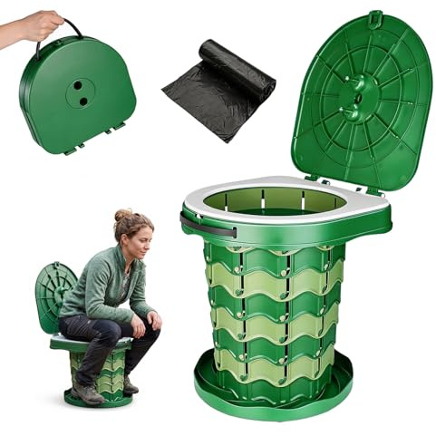 Campingtoilette Faltbar mit Toilettenbeutel,Camping Toiletten mit Deckel,Mobile Toilette Stabil Max 180 kg,Trockentoilette,Camping Klo Portable,Tragbare Toilette für Wandern Angeln Reisen (Grün)