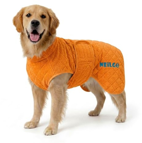 NEILGO Schnell trocknender doppellagiger Hundemantel, 720 g, schwerer Hundebademantel, super saugfähige Hundehandtücher zum Trocknen großer Hunde, Bambus-Baumwolle, warmer Hunde-Pyjama, Orange