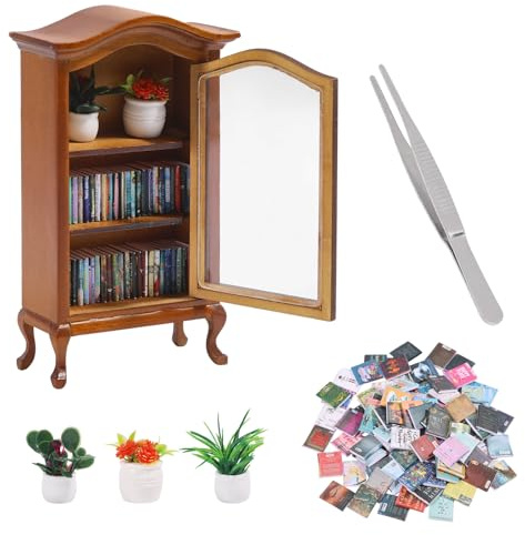 FREEBLOSS Mini Bücherregal Mit 100 Miniaturbuch Und 3 Miniaturpflanzen Puppenhaus Bücherregal Im Maßstab 1:12 Puppenhausmöbel Zum Basteln