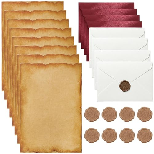 8 set med vintage brevpapper med kuvert och kraftpapper brevpapper, inklusive tätningsstämpel, elegant brevpapper för bröllopsinbjudningar, gratulationer och kärleksbrev, beige och röd