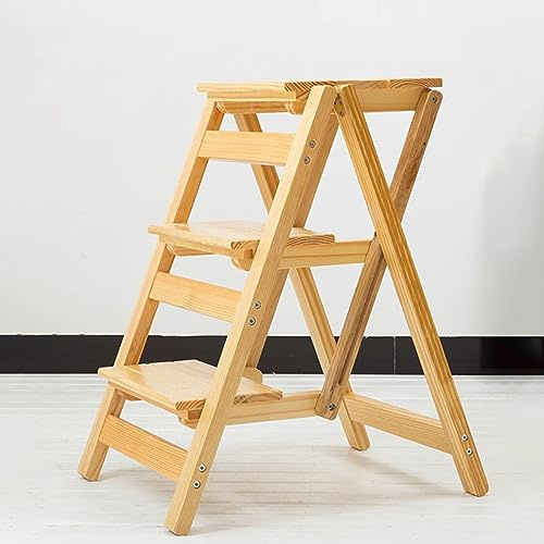 Tabouret échelle Pliant en Bois Massif à 3 marches, avec Design Portable, idéal pour la Maison et la bibliothèque, Noir.