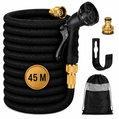 Manguera Extensible Jardín 45metros con Pistola de Riego Premium de 8 Modos, Conectores de Latón. Resistente y duradeea. Manguera agua flexible Reforzada Antifugas Alta Presión