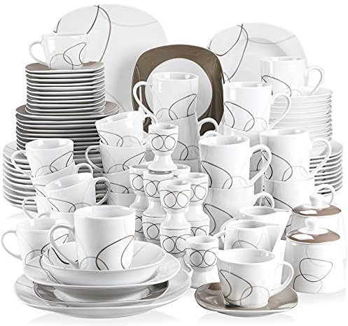VEWEET NIKITA Vajillas Elegantes 100 Piezas de Porcelana para 12 Personas con Platos Llanos, Hondos y de Postre, Mugs, Cuencos, Tazas, Platillos, Hueveras, Tazón de Azúcar y Leche, Líneas Marrónes
