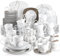 VEWEET NIKITA Vajillas Elegantes 100 Piezas de Porcelana para 12 Personas con Platos Llanos, Hondos y de Postre, Mugs, Cuencos, Tazas, Platillos, Hueveras, Tazón de Azúcar y Leche, Líneas Marrónes