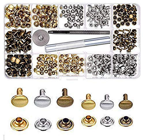 A+ 240 Set Leder Nieten Doppelkappe Rivet in 2 Größen und 3 Farben, Tubular Metall Ohrstecker Hohlnieten mit 3 Fixierwerkzeug, 1 Aufbewahrungsbox, für DIY Handwerk Reperatur Dekoration