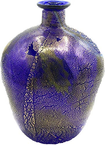 Botella de la colección de cristal de Murano Murrina con hoja de oro, fabricada en Italia (corazón azul, diámetro de 7 cm y altura de 9 cm)