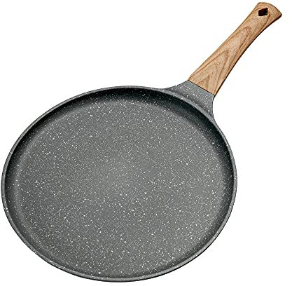 Padella per pancake, crepiera 24CM, rivestita in alluminio pressofuso, padella pancake padella antiaderente professionali con manico in legno antiscottatura, per induzione e altre fonti di calore