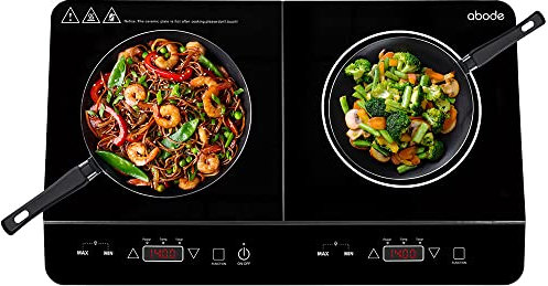 Abode Double Induction Hob Portable Digital Touch Control 2800W – Plug In & Go 10 Heat Settings, Glass Panel, 3 Hour Timer Black - Safety Lock AINDH2002 (Double)