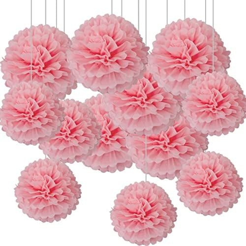 Lot de 12 Pompons Papier de soie Rose pour Décoration Suspendre de Plafond de Fête - 30,5 cm, 25,4 cm