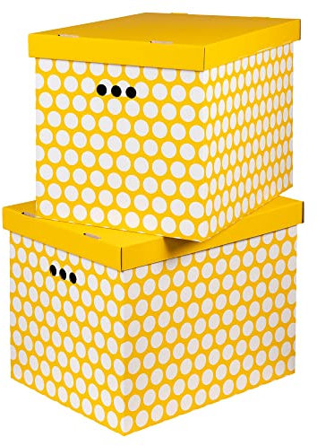 Cardboard Storage Boxes with Lid, Decorative Wardrobe, Closet, Home & Office Organiser with Handle, Flat-Packed, Stackable File Box, Gift for Adults & Kids, Set of 2, XLarge - Mustard White Dots
