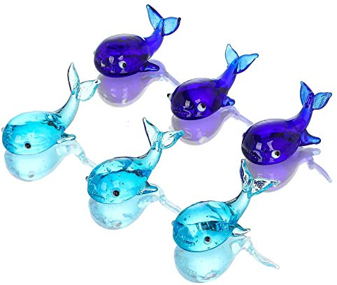 HDCRYSTALGIFTS Set mit 6 mundgeblasenen kleinen Walfiguren, Mehrfarbig, Glaskunst, Meerestiere, Sammlerstück, Geschenk, Dekoration für Aquarien
