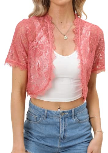 Boléro Dentelle Femme Gilet Court Elégant Manche Courte Mariage Veste Ouverte Chic pour Robe Bretelle Rose foncé *Court M