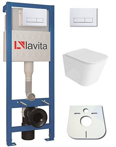 Domino Lavita Vorwandelement inkl. Drückerplatte + Wand WC PRIME ohne Spülrand + WC-Sitz mit Soft-Close-Absenkautomatik (Drückerplatte RW) Toilette Komplett Sett WC