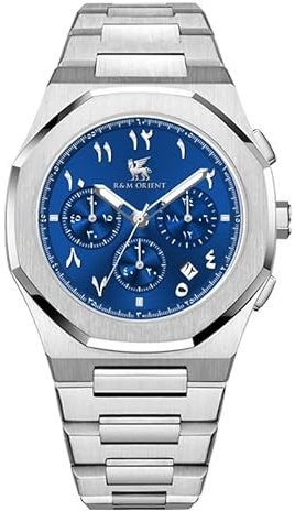R&M ORIENT Herrenuhr Chronograph mit arabische Ziffer Edelstahl Quarz Saphirglas Leuchtzeiger Stoppuhr Große Armbanduhr Männer Wasserdicht arabischer Kalender Datum (Babylon, Silber – Blau)
