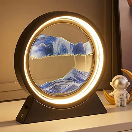 DZAY Lampe Peinture Sable Qui Coule, Cadre Sable Mouvant Dynamique, Art de Sable en Mouvement en Verre Rond, Sablier 3D Rotation à 360°, 3 Modes d'éclairage, Batteries ou USB pour Cadeaux Décoration