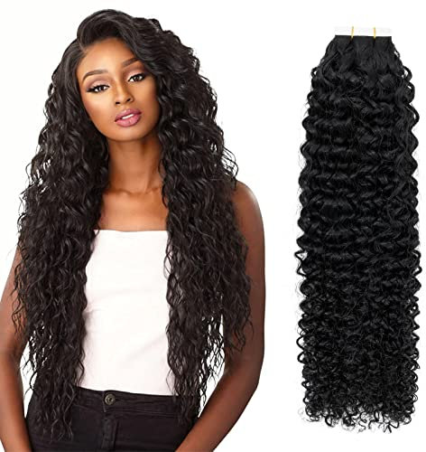 Silk-co Tape in extensions Echthaar 50cm, Kinky Curly Haarverlängerungen, 100% Remy Naturschwarz Tape in Haarextension Echthaar, Echthaarverlängerung 20 Stück 50g/Packung 1B# Naturschwarz 50cm