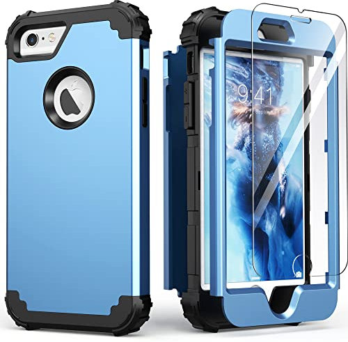 IDweel iPhone 6S Case, iPhone 6 Case with Screen Protector(Tempered Glass),3 in 1 Shock Absorption Heavy Duty Hard PC Covers Soft Silicone Full Body Protective Case for Girls,Peace Blue/Black