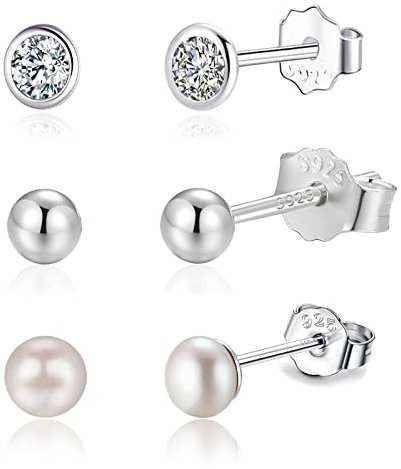 Candyfancy Ohrringe Set für Mehrere Ohrlöcher - Silber 925 3er Set für Damen Mädchen - Winzige Klein Mini 3mm Echte Weiß Süßwasser-Zuchtperlen - Runde Kugel Zirkonia Ohrstecker