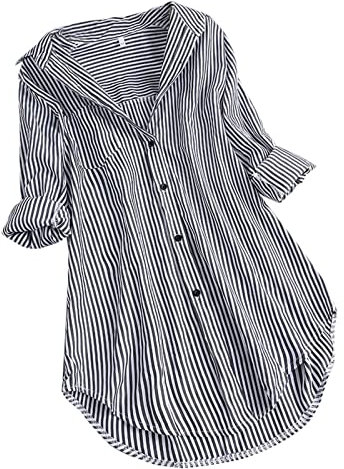 Bluse Damen Modisches Gestreiftem Druck Langarmshirt Umlegekragen Langen Ärmeln Oberteile Button Down Hemden Übergroße Hemdbluse Unregelmäßigem Saum Tunika Tops Plus Size Locker Blusentops S-5XL