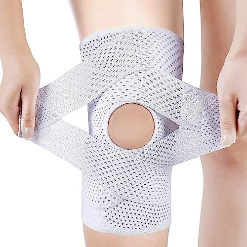 Professionelle Kniestütze,Kniebandage mit Offen Patella Pads & Feder Seitenstabilisatoren,Verstellbare Kniebandage mit v-förmiges Band für ACL MCL Arthritis Verletzungen Wiederherstellung (Weiß,L)