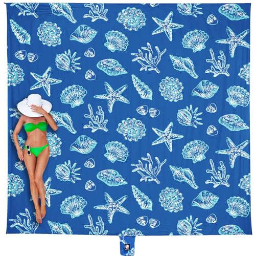 WEKAPO Beach Blanket Waterproof Sandproof Oversized, Extra Large Beach Mat Sand Free, Lightweight & Compact Sand Free Mat with 6 Stakes & 4 Corner Pockets (Blue Sea Shells, 8 x 7 FT (1~4 Person))