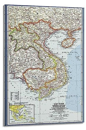 JONZA Karte Poster Vietnam Kambodscha Laos und Ostthailand Klassische Karte Dekorative Malerei Leinwand Wand und Kunst Bild Familie Schlafzimmer Dekor 24x36inch(60x90cm)