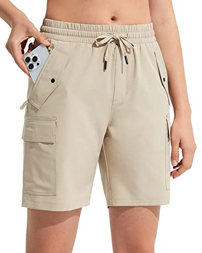 MOCOLY Pantaloncini Cargo Trekking Donna Pantaloni Corti Montagna Leggeri ad Asciugatura Rapida Shorts Estivi con Tasche con Cerniera per Viaggi Campeggio Sport Pallavolo Tennis Cachi L