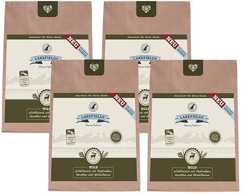Lakefields Premium Hundefutter trocken | Wild 68% | 4 x 1kg | Getreidefreies Trockenfutter | Für kleine ausgewachsene Hunde | Extra kleine Kroketten | Zutaten in Lebensmittelqualität