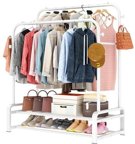 SMILOVII Freistehender Kleiderständer mit Doppelruten-Design kleiderbügel, 8 Haken und 2 Schuhregalen - Multifunktionaler Garderobenständer in Weiß für das Schlafzimmer