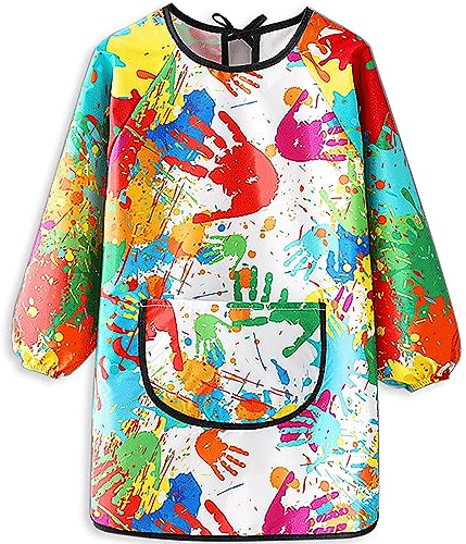 MINIQ Kids Art Smock,Waterproof Painting Apron Artist Smocks with Pocket Long Sleeves for Age 5-8