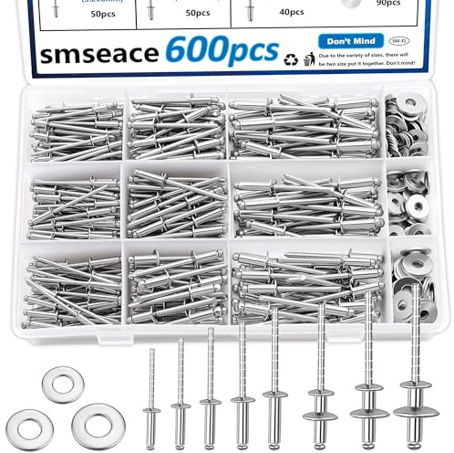 smseace 600Pcs 304 Stainless Steel Pop Rivets with Washer Assortment Kit 8-Sizes Stainless Rivets(1/8Inch 5/32Inch 3/16Inch) for Metal,Furniture,Automotive,Instruments