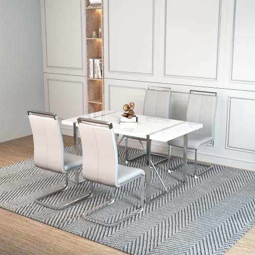 Merax Freischwinger Schwingstuhl 4er Set, Esszimmerstühle mit PU Kunstleder und hoher Rückenlehne, verchromtes Metallgestell, Moderner Küchenstuhl, Polsterstuhl für Wohnzimmer Konferenzraum, Hellgrau