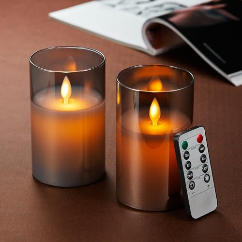 LED Kerzen【2 Stück】, Flammenlose Kerzen Flackern, LED Kerzen Flackernde Flamme mit Glas, LED Kerzen mit Fernbedienung, Echtwachssäule Kerzen, Batteriebetriebene Kerzen mit 24 Stunden Timer(15cm-Grau)